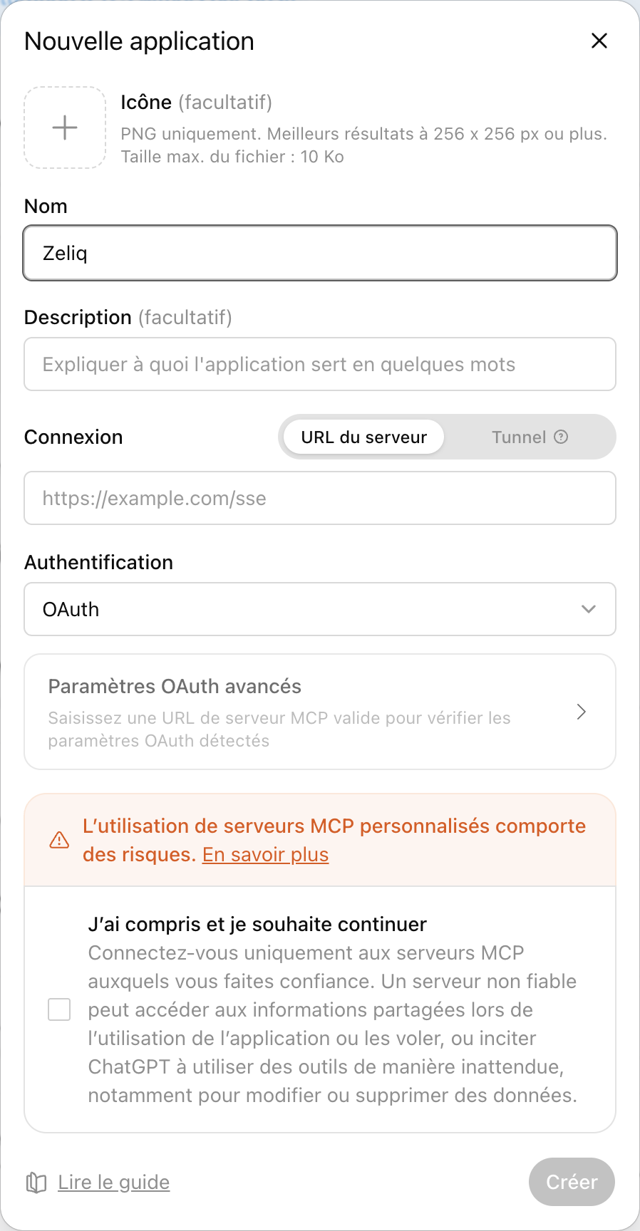 Le formulaire Nouvelle application