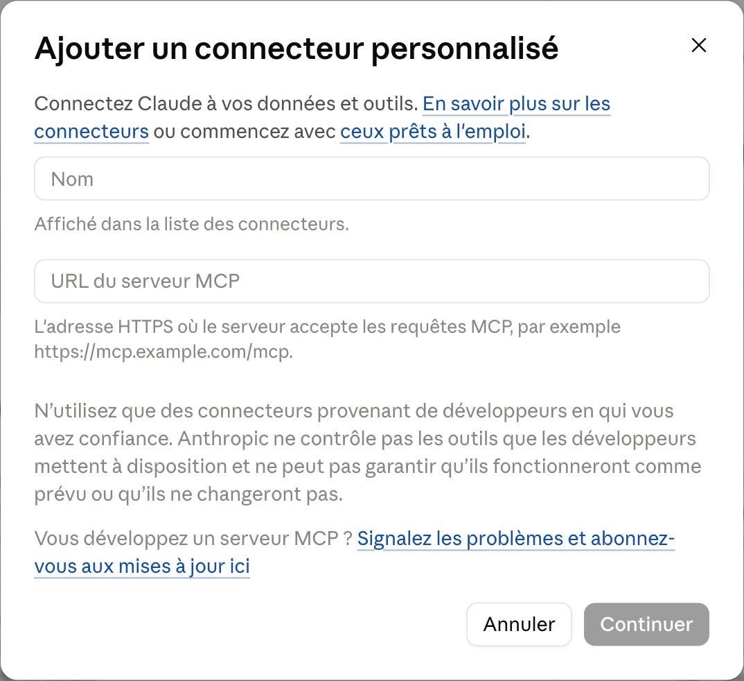 Le formulaire Ajouter un connecteur personnalisé