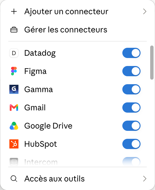 Zeliq activé dans le menu Connecteurs d'une conversation