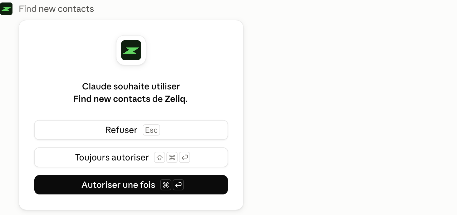 Claude demande l'accord d'utiliser l'outil de recherche de Zeliq