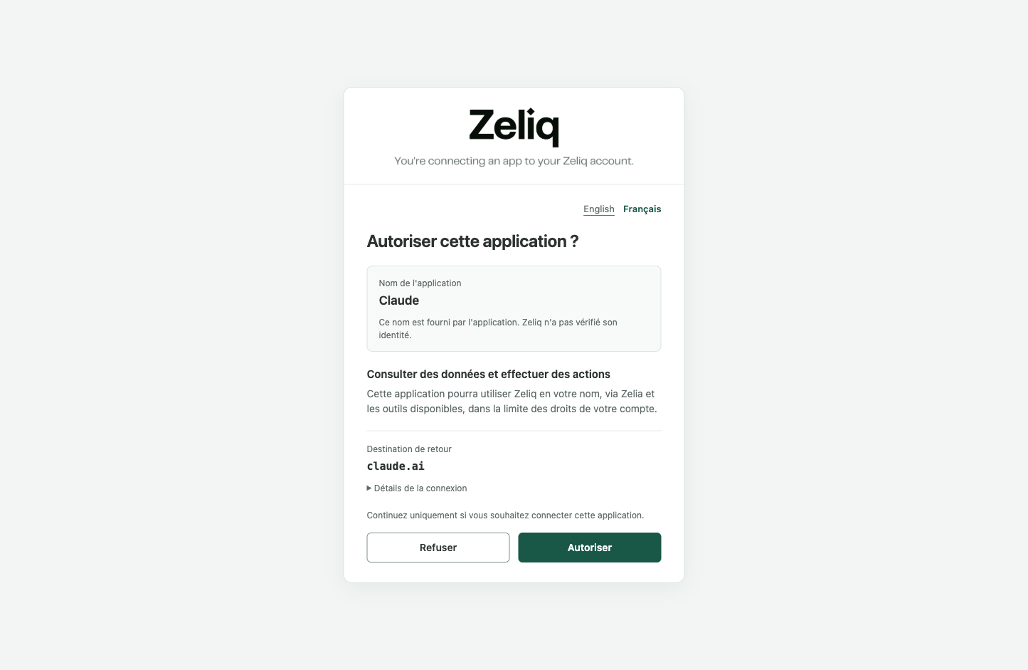 La page d'autorisation de Zeliq